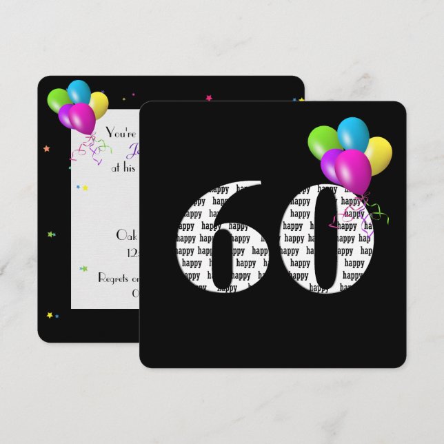 Invitación Fiesta de cumpleaños número 60 con ramo de globos (Anverso / Reverso)