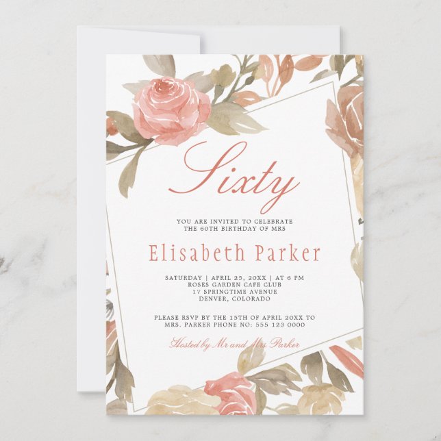 Invitación Fiesta de cumpleaños número 60 con tema Dusty Rose (Anverso)