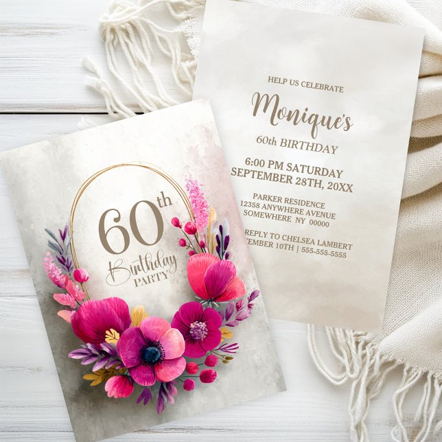 Invitación Fiesta de Cumpleaños número 60 con tema floral ros (Subido por el creador)