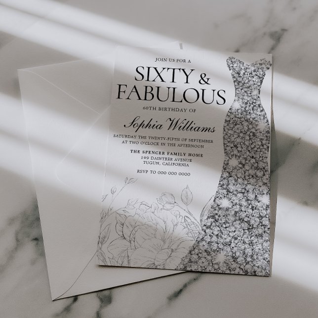 Invitación Fiesta de cumpleaños número 60 con vestido platead (Subido por el creador)