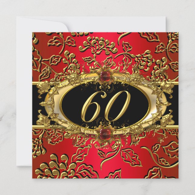 Invitación Fiesta de cumpleaños número 60 Damask Rojo Dorado  (Anverso)