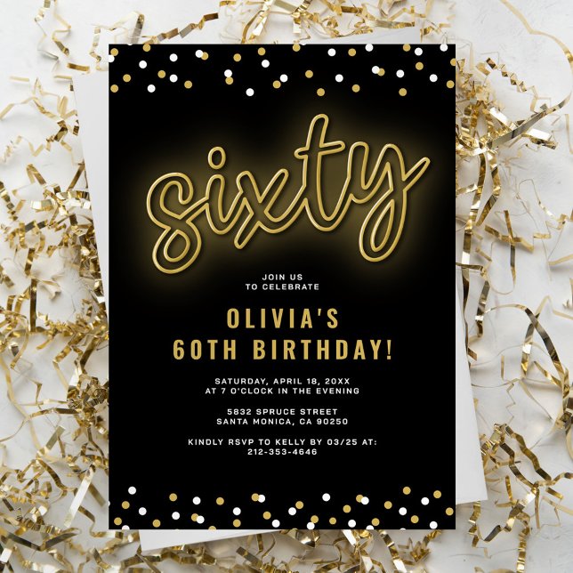 Invitación Fiesta de cumpleaños número 60 de Adult Gold Neon (Subido por el creador)