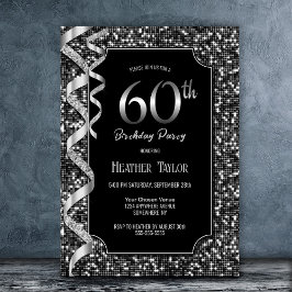 Invitación Fiesta de cumpleaños número 60 de Black White Sequ