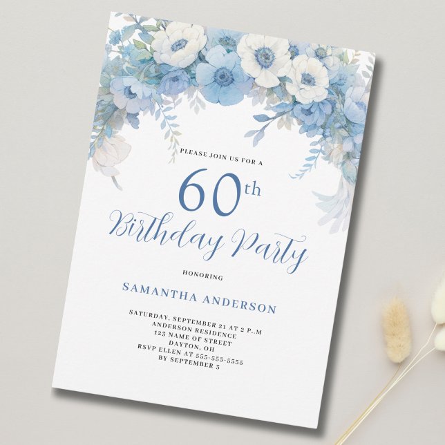 Invitación Fiesta de cumpleaños número 60 de Blue Floral (Subido por el creador)