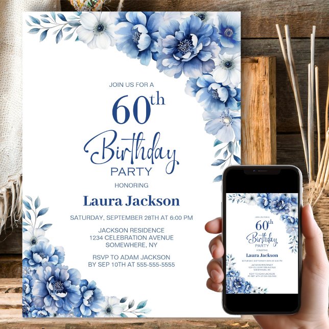 Invitación Fiesta de cumpleaños número 60 de Blue Floral (Subido por el creador)