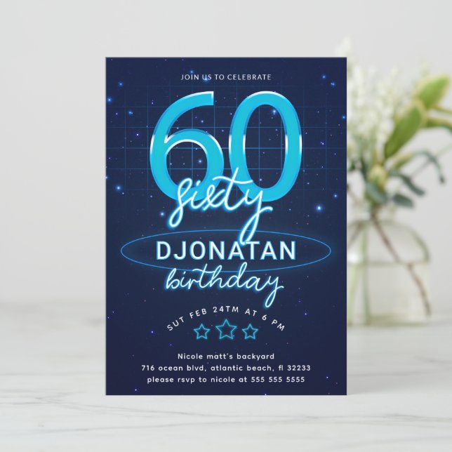 Invitación Fiesta de cumpleaños número 60 de Blue Neon (Anverso de pie)