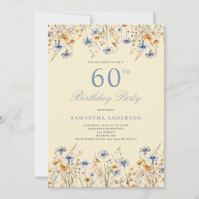Invitación Fiesta de cumpleaños número 60 de Blue Wildflower (Anverso)