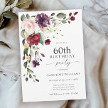 Invitación Fiesta de cumpleaños número 60 de Boho Red and Pur<br><div class="desc">Celebra el cumpleaños número 60 con un hermoso estilo boho con esta atractiva invitación a la fiesta de cumpleaños floral de acuarela. El hotel cuenta con un bonito ramo floral en el que se combinan el rojo burdeos, el rosa rubio, el violeta de ciruela y el melocotón con vegetación frondosa....</div>