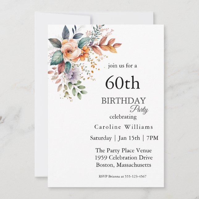 Invitación Fiesta de cumpleaños número 60 de Boho y Purple Fl (Anverso)