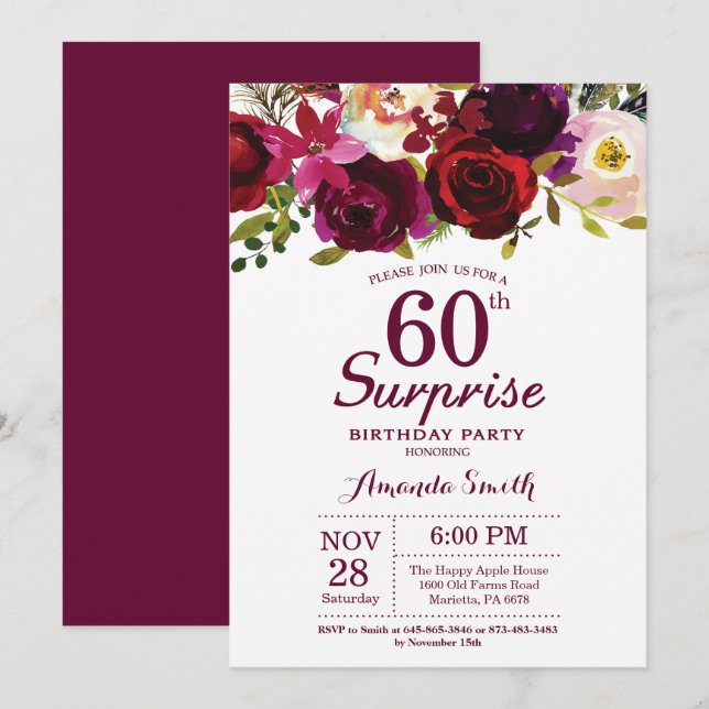 Invitación Fiesta de cumpleaños número 60 de Borgoña Surprise (Anverso / Reverso)