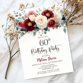 Invitación Fiesta de cumpleaños número 60 de Borgoña y Floral