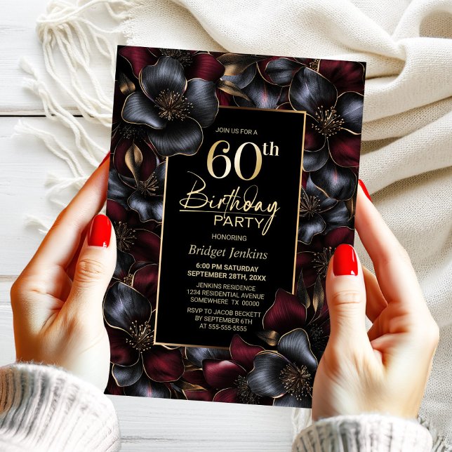 Invitación Fiesta de cumpleaños número 60 de Borgoña y Floral (Subido por el creador)