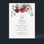 Invitación Fiesta de cumpleaños número 60 de Burgundy Floral<br><div class="desc">Floral Greenery 60th Birthday Burgundy Party Invitation usted puede fácilmente personalizar con los detalles de su fiesta haciendo clic en el botón "Personalizar". Presenta flores modernas y un ramo de vegetación exuberante y tipografía moderna de escritura. Perfecto para una invitación sorpresa de fiesta para cualquier celebración histórica</div>