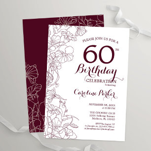 Invitación Fiesta de cumpleaños número 60 de Burgundy Floral