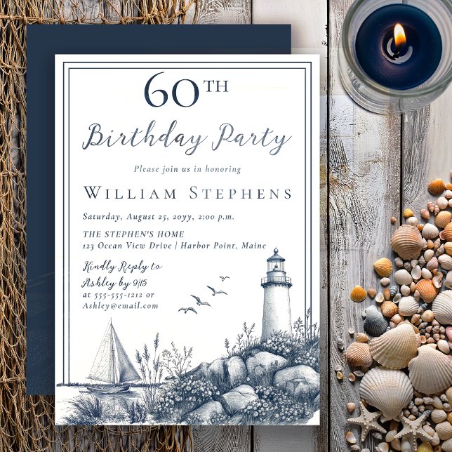 Invitación Fiesta de cumpleaños número 60 de Faro Costero Ele (Elegant coastal lighthouse 60th birthday invitation with timeless New England seaside charm.)
