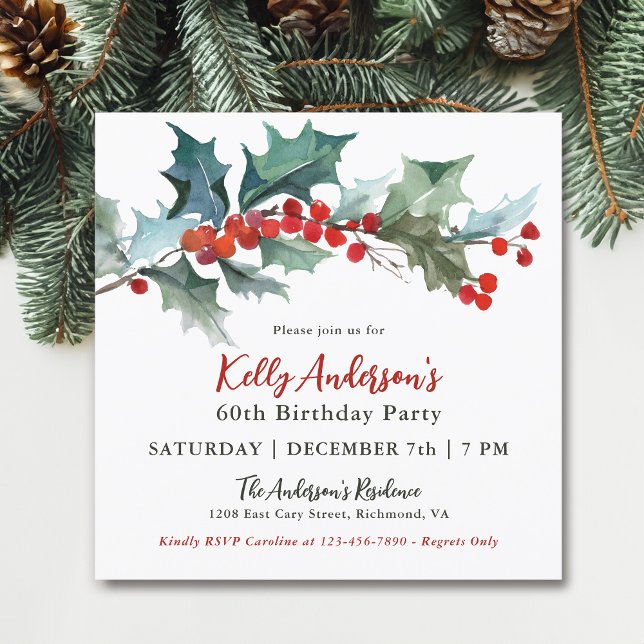 Invitación Fiesta de cumpleaños número 60 de Festive Holly y  (May be personalized for any age!)
