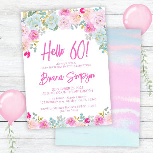Invitación Fiesta de cumpleaños número 60 de flores rosadas a