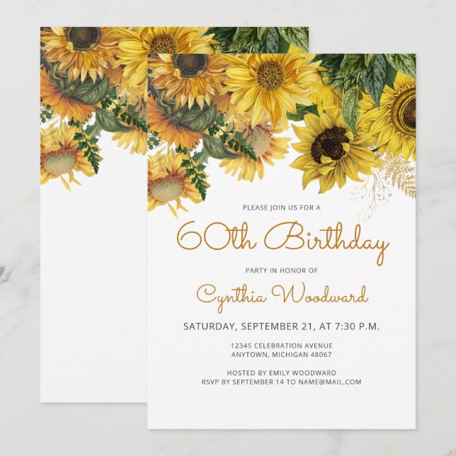 Invitación Fiesta de cumpleaños número 60 de Girasol Floral (Anverso / Reverso)