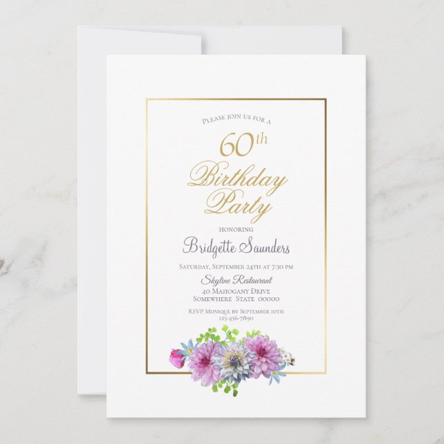 Invitación Fiesta de cumpleaños número 60 de Gold Border Pink (Anverso)