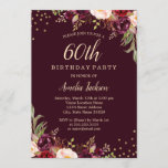 Invitación Fiesta de cumpleaños número 60 de Gold Burgundy<br><div class="desc">Más invitaciones de cumpleaños con flores en la tienda Little Bayleigh!</div>