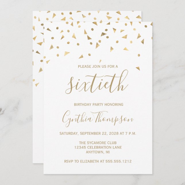 Invitación Fiesta de cumpleaños número 60 de Gold Confetti Tr (Anverso / Reverso)