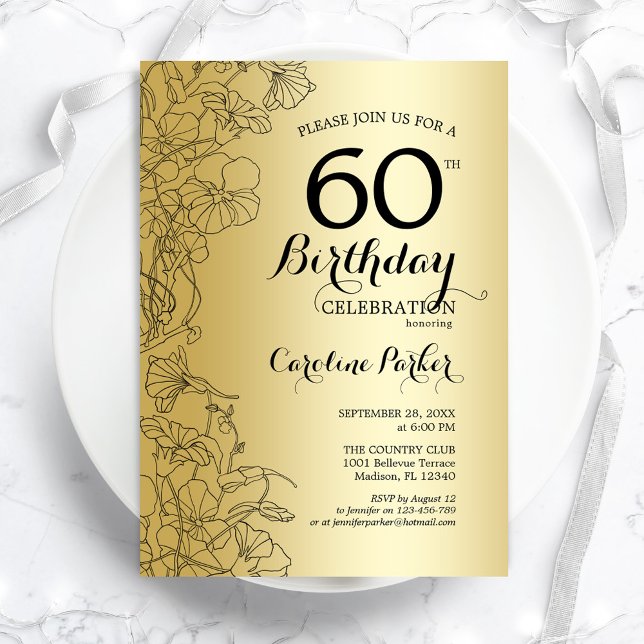 Invitación Fiesta de cumpleaños número 60 de Gold Floral (Subido por el creador)
