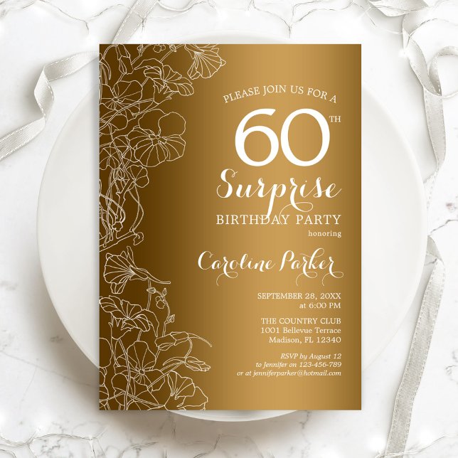 Invitación Fiesta de cumpleaños número 60 de Gold Floral Surp (Subido por el creador)
