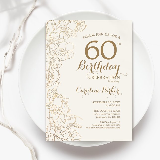 Invitación Fiesta de cumpleaños número 60 de Ivory Gold Flora (Subido por el creador)