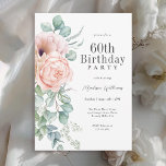 Invitación Fiesta de cumpleaños número 60 de la floral femeni<br><div class="desc">Esta encantadora acuarela floral de color rosa y melocotón bordeada por rosas rosas y melocotones y adornos de eucaliptos en la vegetación de los eucaliptos. Una bella invitación a la fiesta femenina para celebrar los 60 años en un elegante estilo. Todo el texto puede ser personalizado para su fiesta, incluyendo...</div>