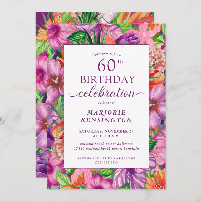 Invitación Fiesta de cumpleaños número 60 de la Floral Tropic (Anverso / Reverso)
