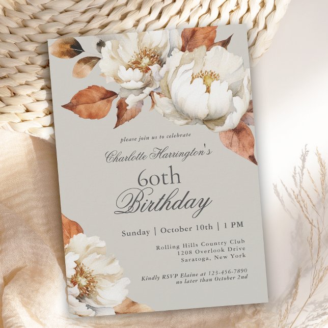 Invitación Fiesta de cumpleaños número 60 de Luxury Fall Flor (This elegant invitation is available as both printed or digital download for your convenience.)