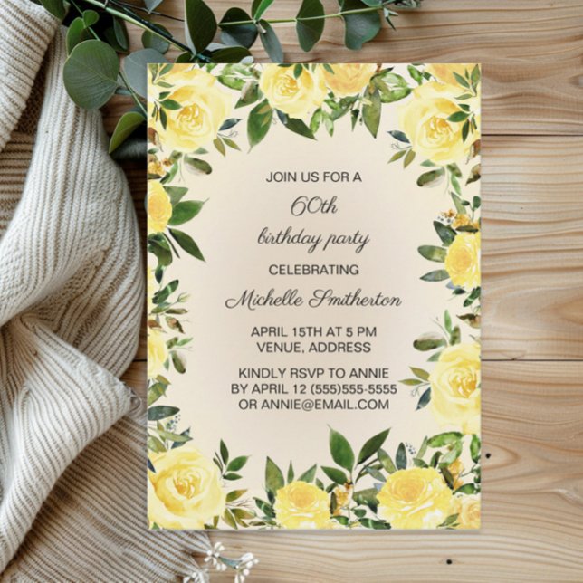 Invitación Fiesta de cumpleaños número 60 de mujer con flores (Yellow floral and greenery women's 60th birthday party invitation)