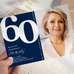 Invitación Fiesta de cumpleaños número 60 de Navy Blue<br><div class="desc">Crea recuerdos duraderos en tu fiesta de cumpleaños número 60 con estas invitaciones a la fiesta de cumpleaños de moda azul marino y blanco. Con un gran tipo de letra en negrita que muestra el número '60', una foto del chico/chica de cumpleaños y una plantilla moderna que es fácil de...</div>