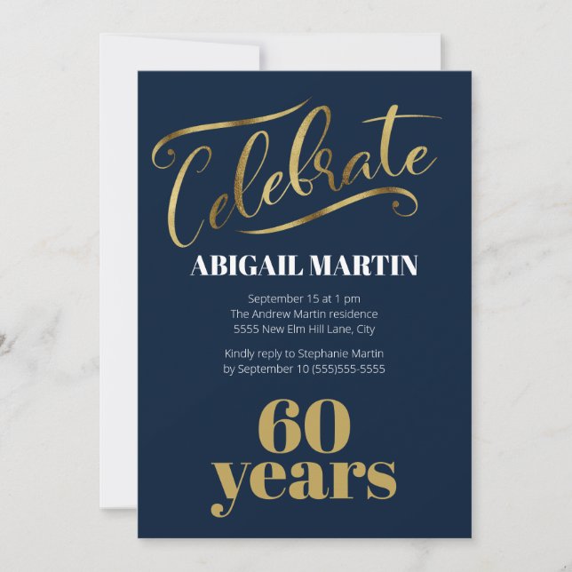 Invitación Fiesta de cumpleaños número 60 de Navy Blue Gold (Anverso)