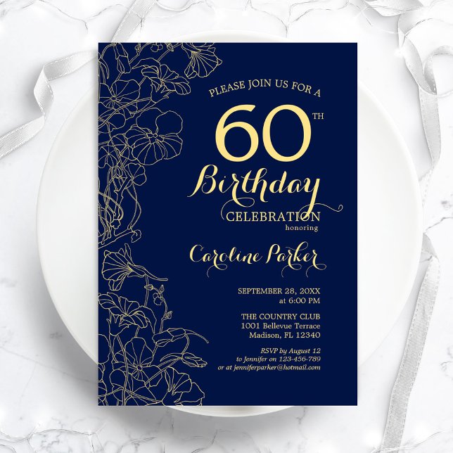 Invitación Fiesta de cumpleaños número 60 de Navy Blue Gold F (Subido por el creador)