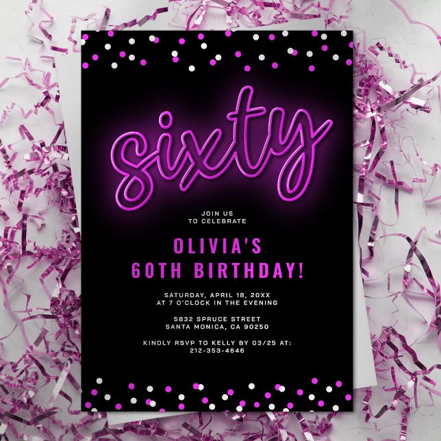 Invitación Fiesta de cumpleaños número 60 de Neón Rosa Adulto (Subido por el creador)