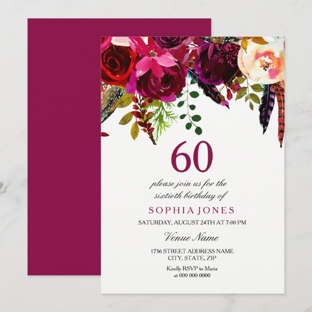 Invitación Fiesta de cumpleaños número 60 de Pink & Burgundy  (Anverso / Reverso)