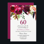 Invitación Fiesta de cumpleaños número 60 de Pink & Burgundy<br><div class="desc">Pink & Burgundy Boho Floral 60th Birthday Party Boho moda burgundy Color de agua rojo rosa floral Bello ilustracion acuarela pintado a mano</div>