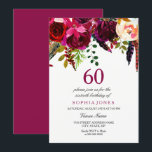Invitación Fiesta de cumpleaños número 60 de Pink & Burgundy<br><div class="desc">Pink & Burgundy Boho Floral 60th Birthday Party Boho moda burgundy Color de agua rojo rosa floral Bello ilustracion acuarela pintado a mano</div>