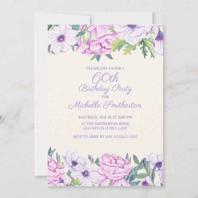 Invitación Fiesta de cumpleaños número 60 de Purple Lilac (Anverso)