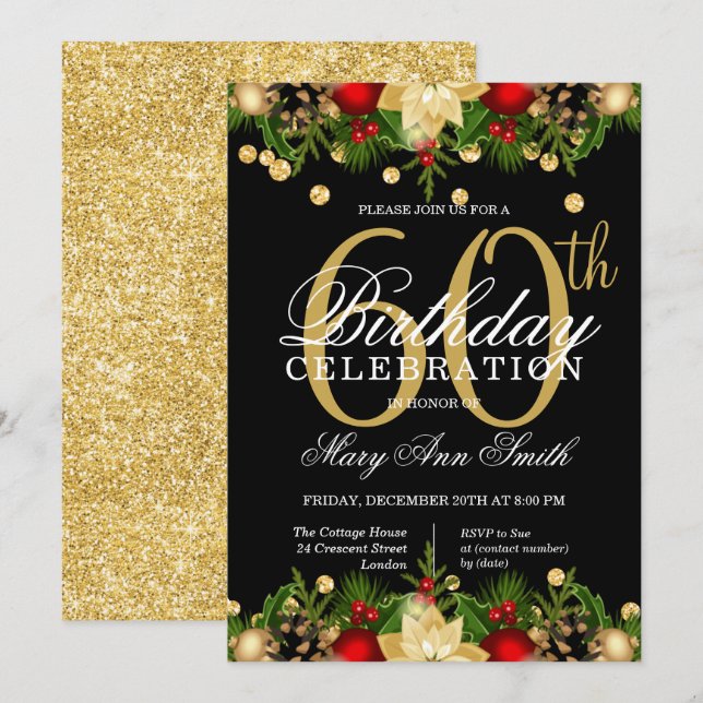 Invitación Fiesta de cumpleaños número 60 de Purpurina Oro y  (Anverso / Reverso)