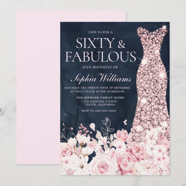 Invitación Fiesta de cumpleaños número 60 de Rubor Floral & V (Anverso / Reverso)