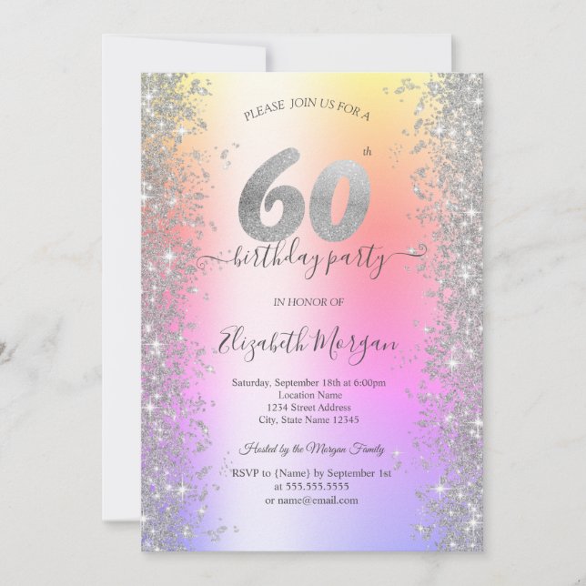 Invitación Fiesta de cumpleaños número 60 de Silver Sparkle D (Anverso)