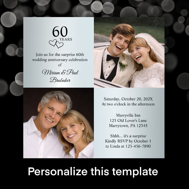 Invitación Fiesta de Cumpleaños número 60 de Sorpresa de Foto (Add names, photos and your custom text to this elegant 60th anniversary party invitation template.
)