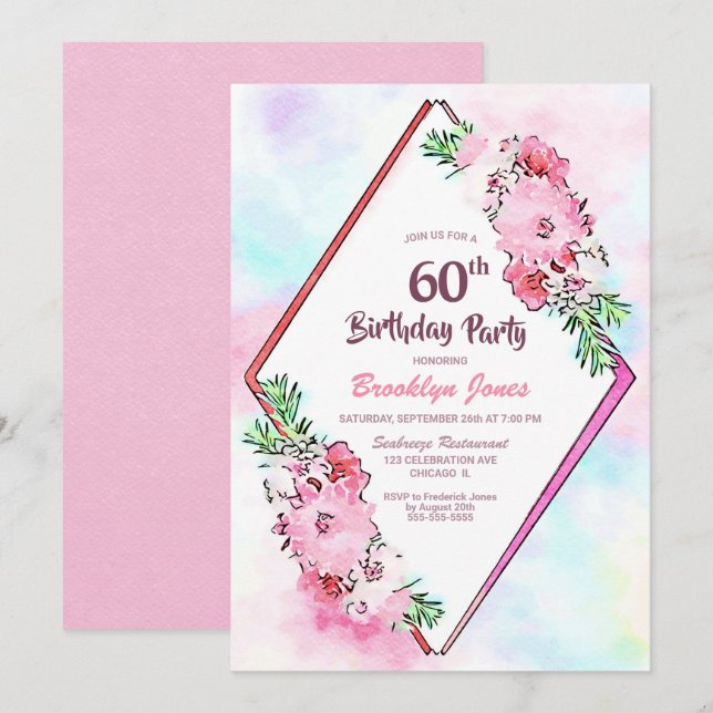 Invitación Fiesta de cumpleaños número 60 de Watercolor Rosa  (Anverso / Reverso)