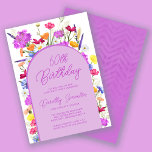 Invitación Fiesta de cumpleaños número 60 del Arco Boho Purpl<br><div class="desc">Un arco morado de Boho rodea los detalles de tu fiesta de cumpleaños número 60. Las flores silvestres coloridas le dan un toque floral al color violeta, amarillo naranja y rojo. La escritura moderna también en morado agrega una atmósfera de moda que también es femenina. La parte posterior es púrpura...</div>