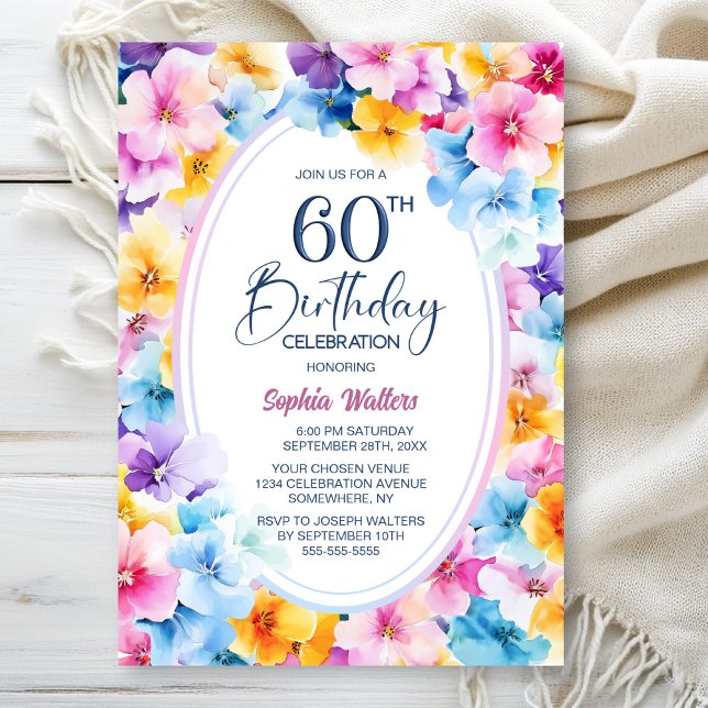 Invitación Fiesta de cumpleaños número 60 del óval floral col (Subido por el creador)