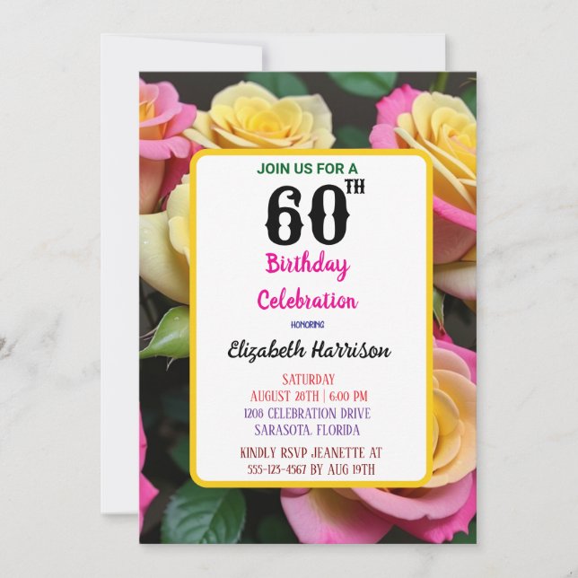 Invitación Fiesta de cumpleaños número 60 del Rosa de Rubor F (Anverso)