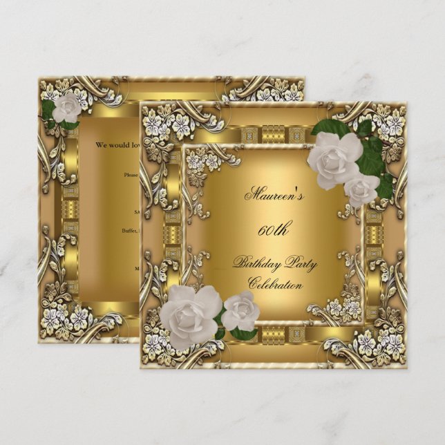 Invitación Fiesta de cumpleaños número 60 dorada elegante Ros (Anverso / Reverso)