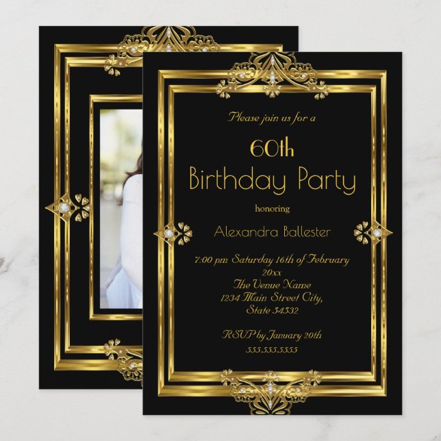 Invitación Fiesta de cumpleaños número 60 elegante Foto Black (Anverso / Reverso)
